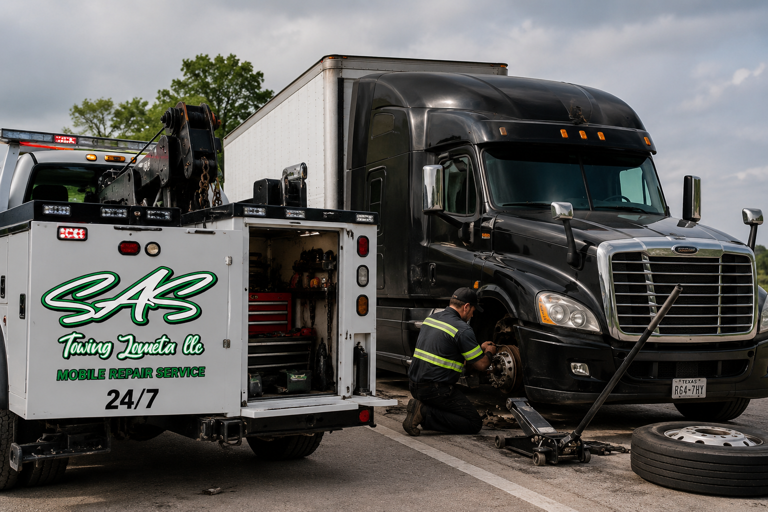 Mobile Service Truck Central Texas technician performing roadside tire repair on a semi-truck using a fully equipped mobile repair vehicle.