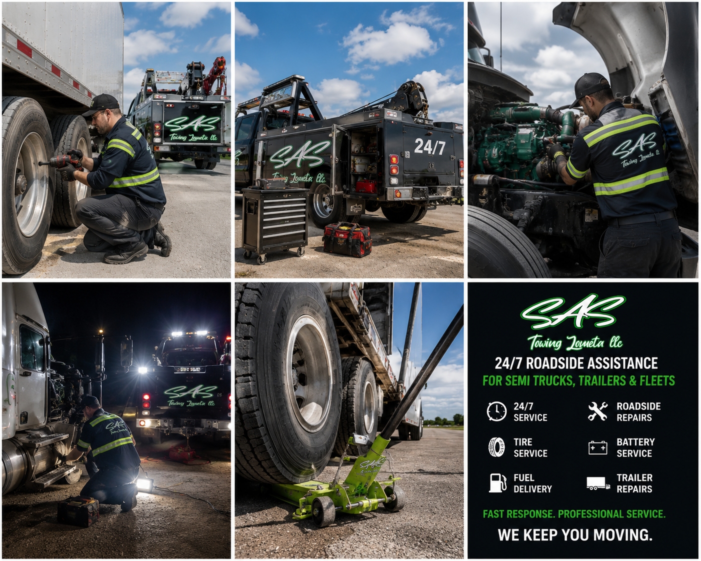 Mobile Service Truck Central Texas technicians providing commercial roadside assistance, truck repairs, tire service, battery support, and fuel delivery.
